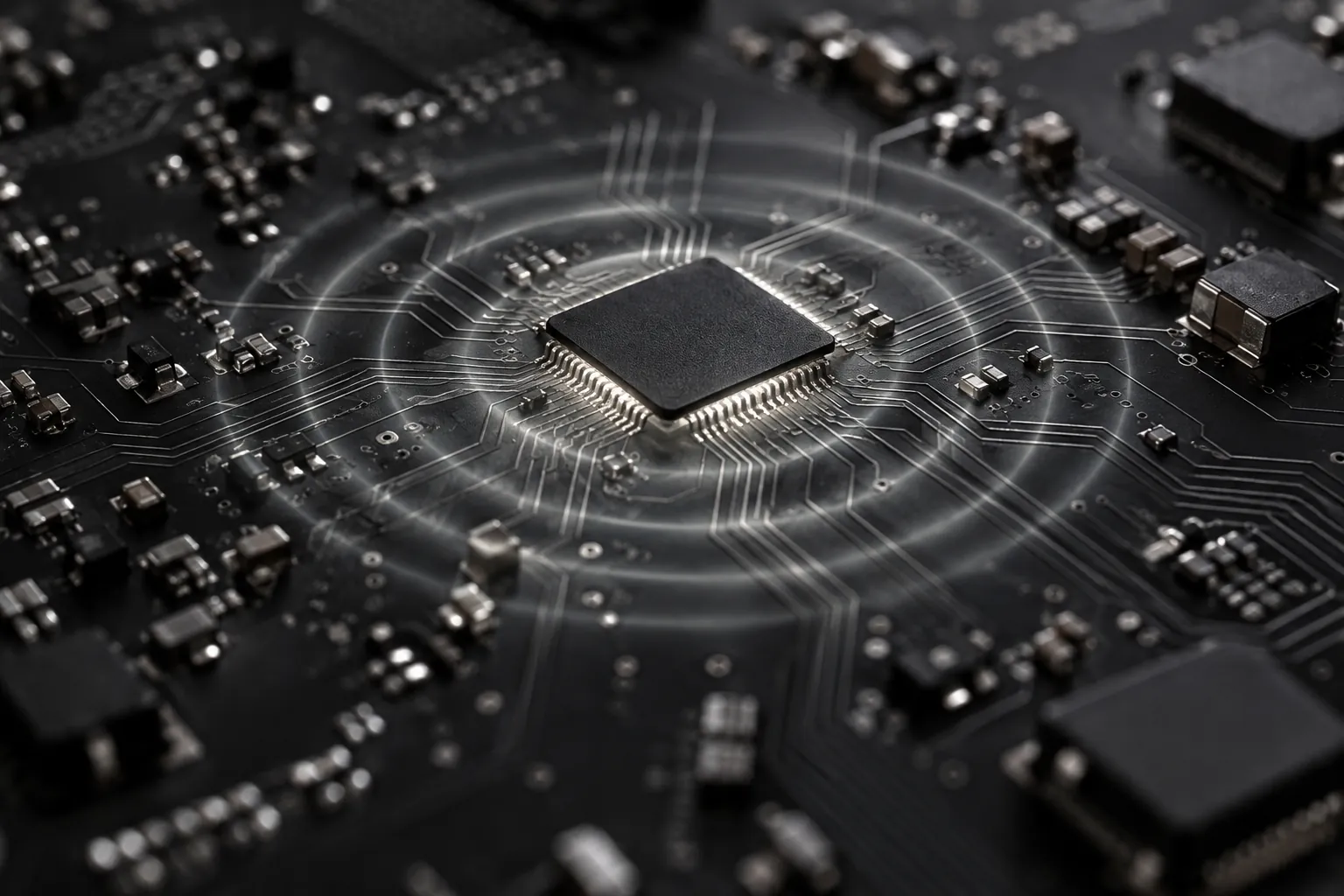 A chip at the centre of a matte-black circuit board with rings of light spreading across the traces like ripples in water.