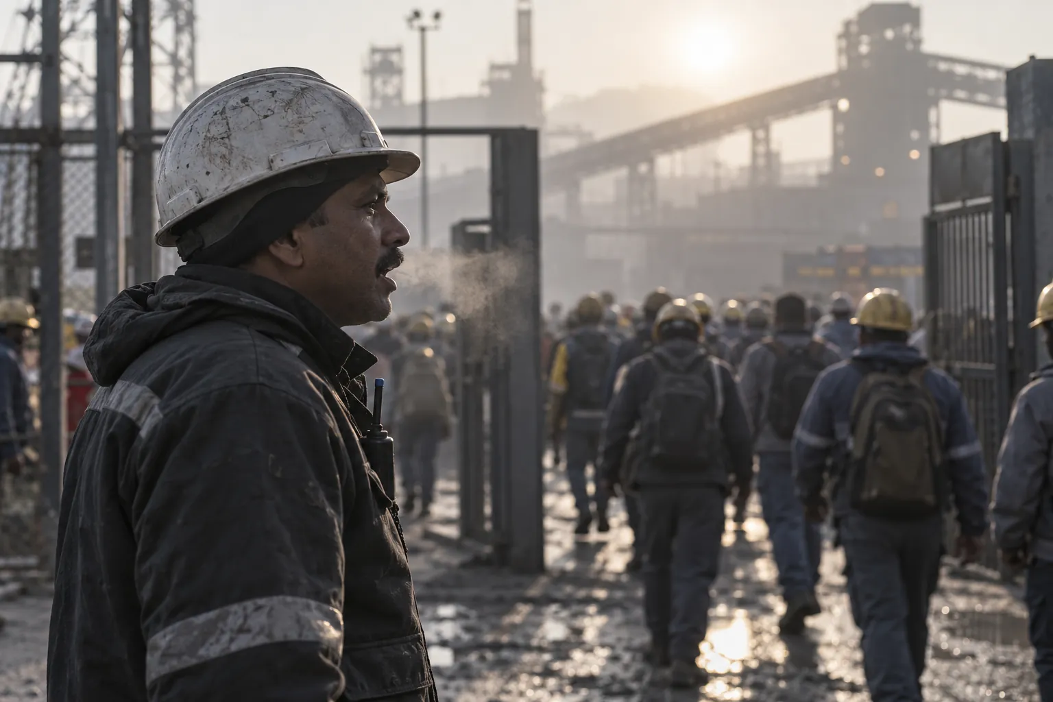 A technician in a hard hat speaks in profile at a plant gate, his breath visible, as the shift crowd arrives behind him.