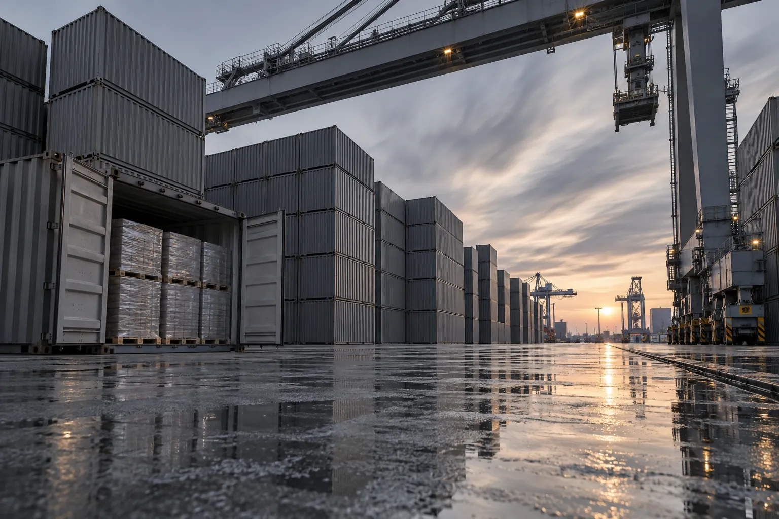 A container port at dawn: stacked grey containers, one open with wrapped pallets, and a gantry crane over wet concrete.
