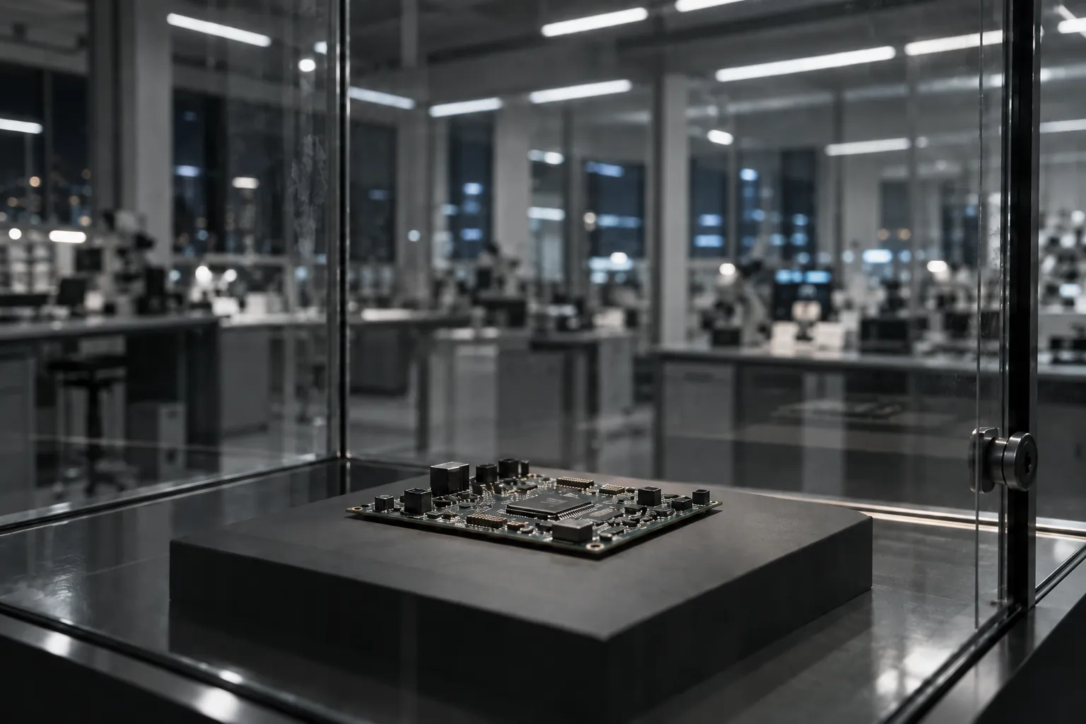 A prototype circuit board on a plinth inside a locked glass case in an empty laboratory at night.