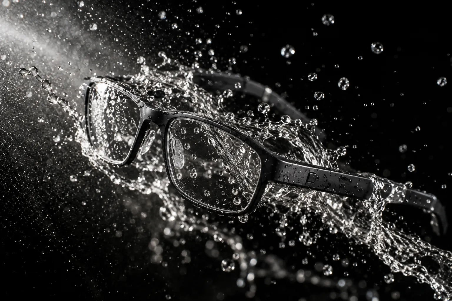 A pair of slim smart glasses caught mid-splash against black, water breaking into droplets around the frame.