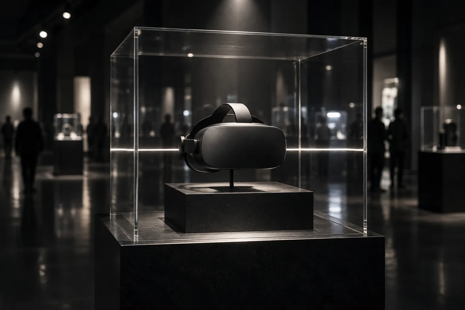 A blank VR headset on a plinth inside a clear acrylic case in a dim museum-like hall, with visitors in silhouette beyond.