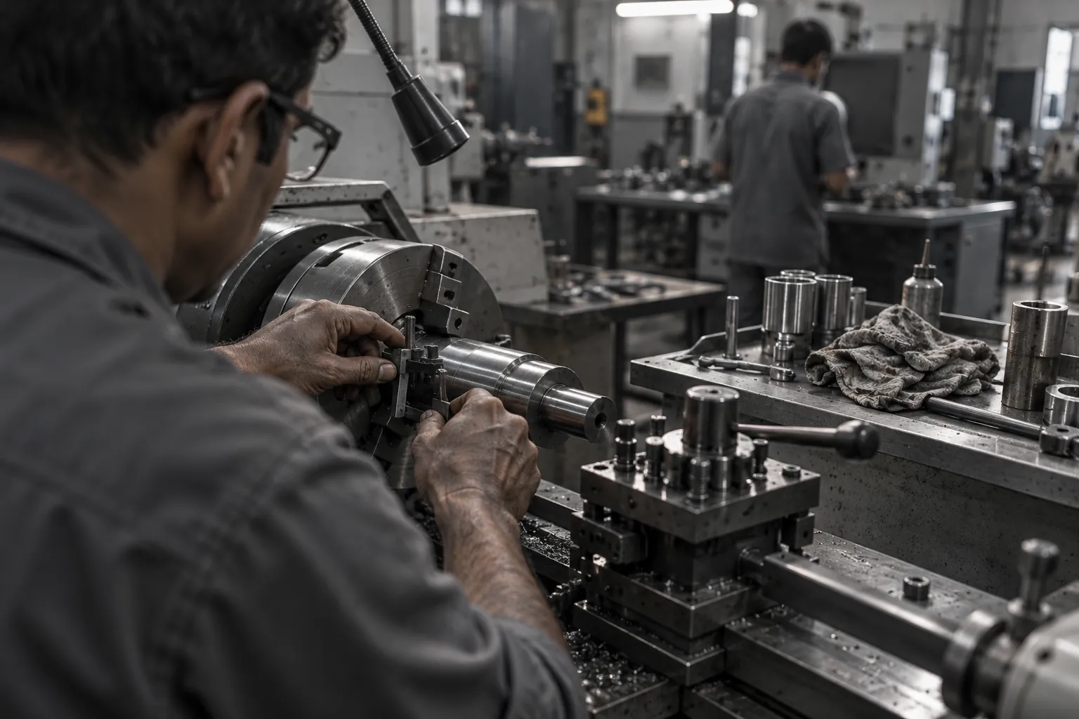 An experienced technician's hands adjusting a part in a lathe chuck, with a younger colleague blurred at a bench behind.
