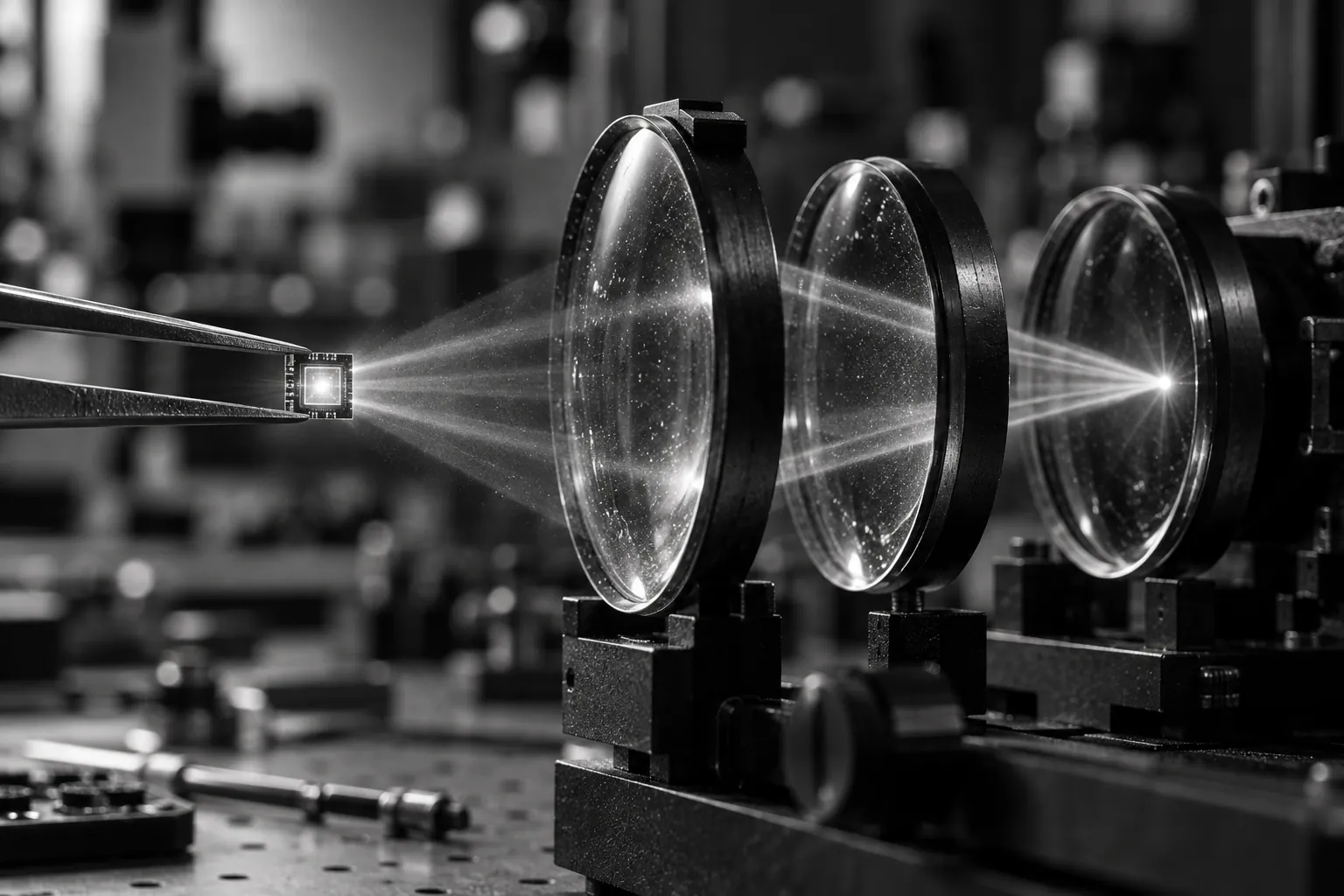 A tiny glowing chip held in tweezers shines light through a stack of three lenses to a single bright point.