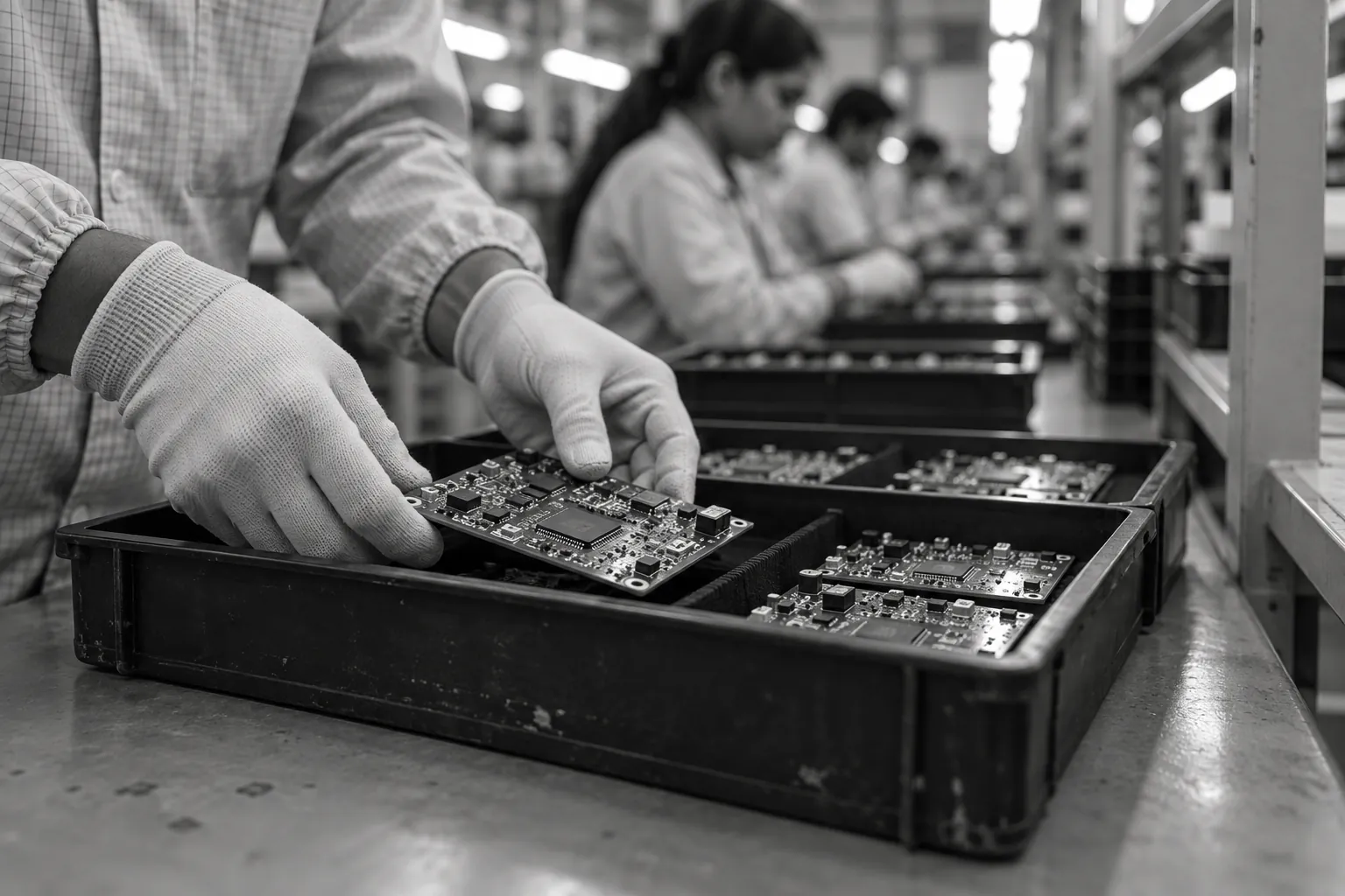 Gloved hands place a finished circuit board into a tray on an Indian production line, with workers behind.