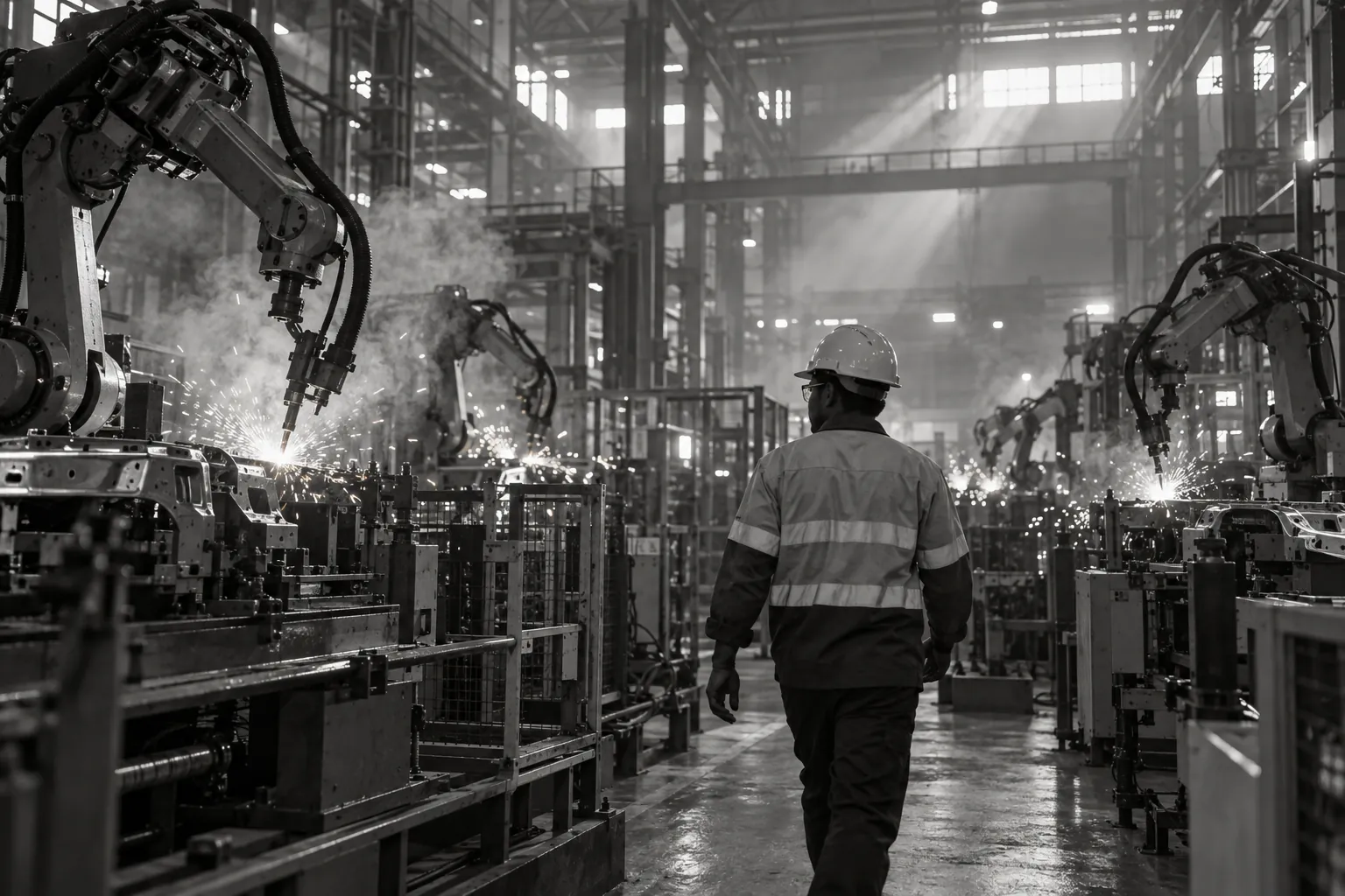 A worker in a hi-vis jacket and hard hat walks between robotic welding arms and sparks on a plant floor at shift start.