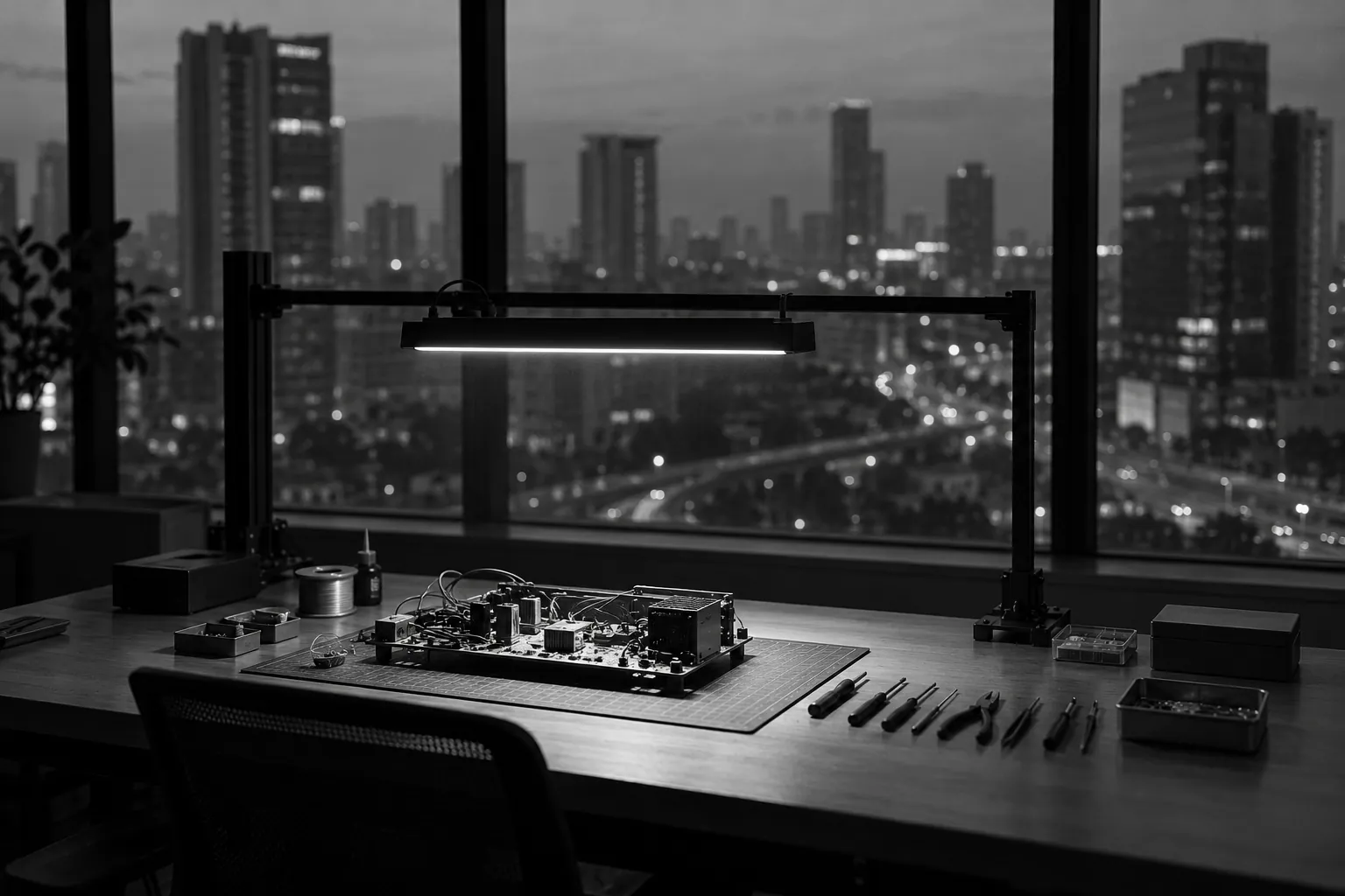 A half-built electronic prototype and tools on a workbench under a lamp, with a city skyline at dusk through the window.