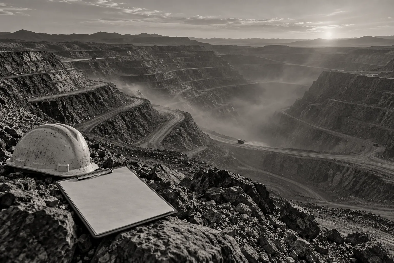 An open-cast mine terraced into haze at golden hour, with a hard hat and blank clipboard on a rock in the foreground.
