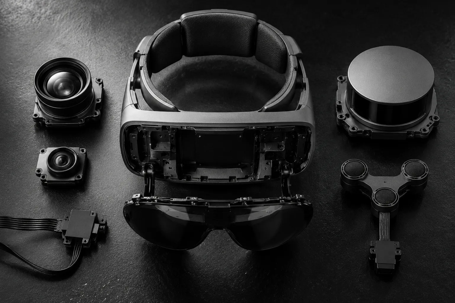 A headset frame with its visor open at the centre of a black bench, surrounded by lens, LiDAR and microphone modules.