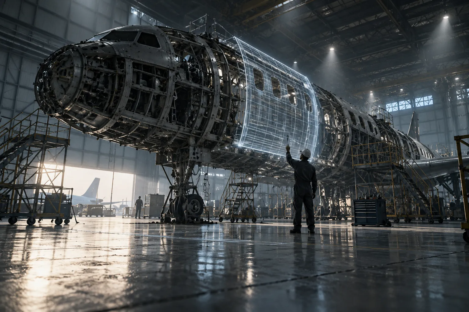 A technician reaches up to a glowing wireframe panel closing the gap in a gutted aircraft fuselage inside a hangar.