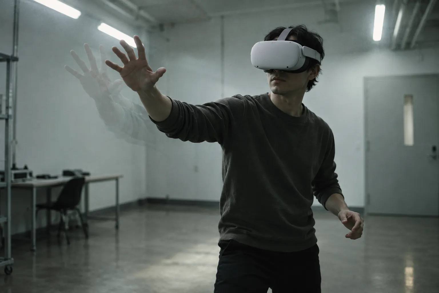A person in a headset reaches out in a bare training room, with a faint ghosted trail of the same hand behind it.