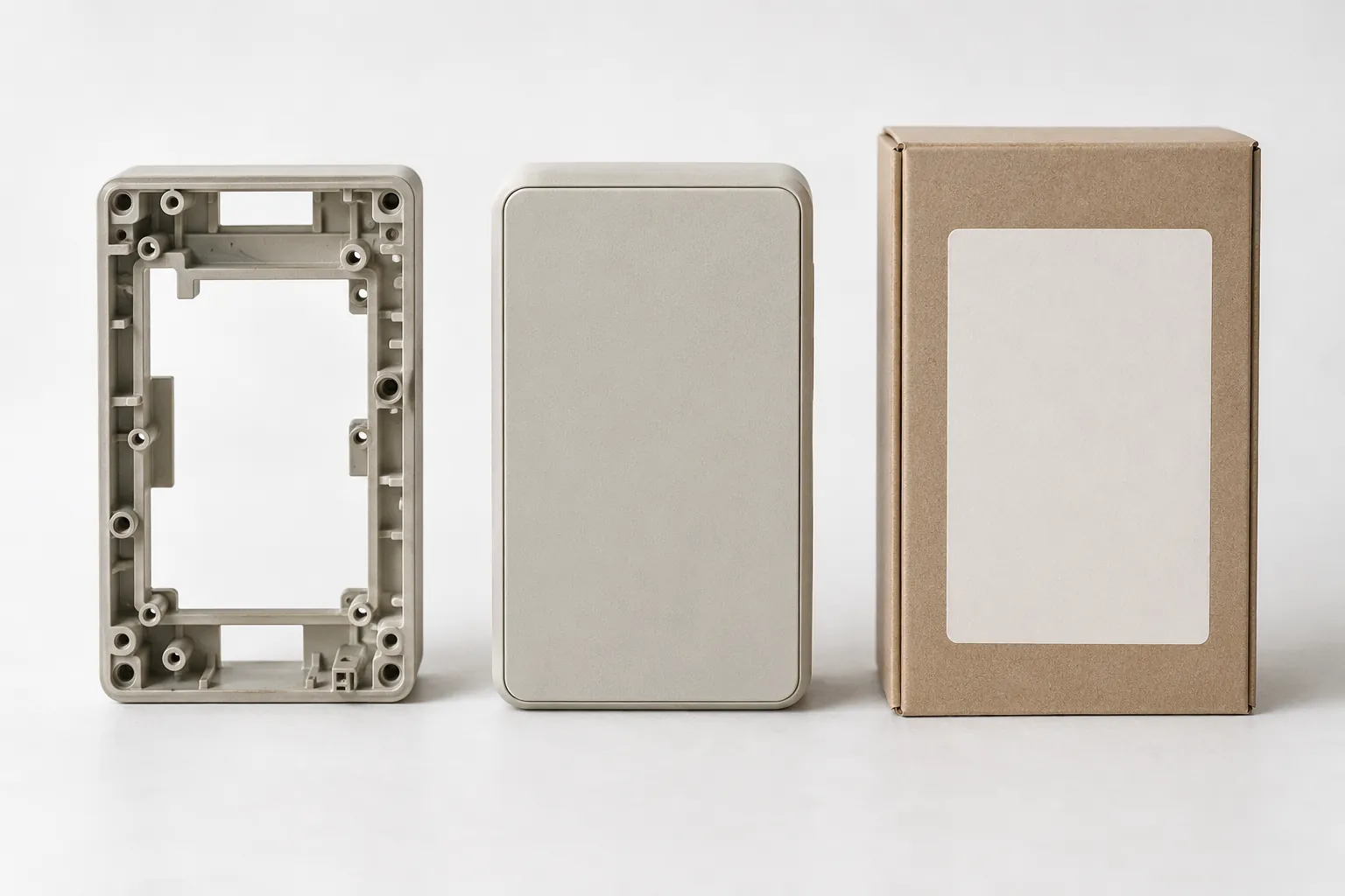 Three identical shells side by side: a bare skeleton frame, a finished enclosure and a boxed unit with a blank label.