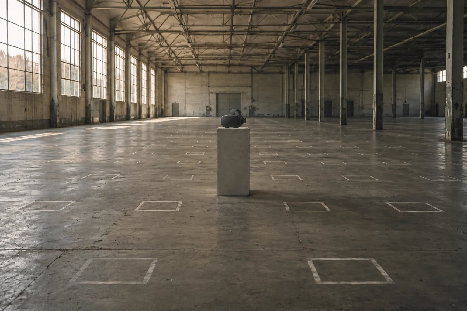 A single headset on a plinth in a vast empty warehouse, with dozens of empty marked squares on the floor around it.