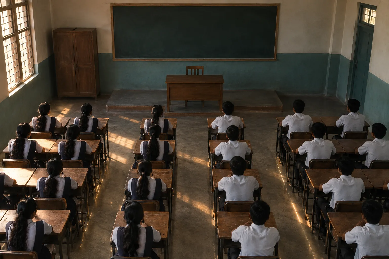 An Indian classroom from above: students in uniform seated in rows facing a blank blackboard, with light on the floor.