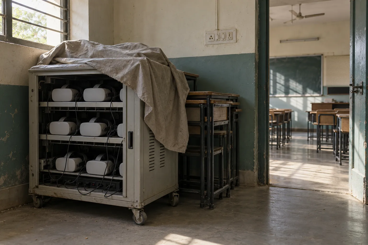 A charging cart of VR headsets under a dust sheet in a school storeroom, with an empty classroom beyond the door.