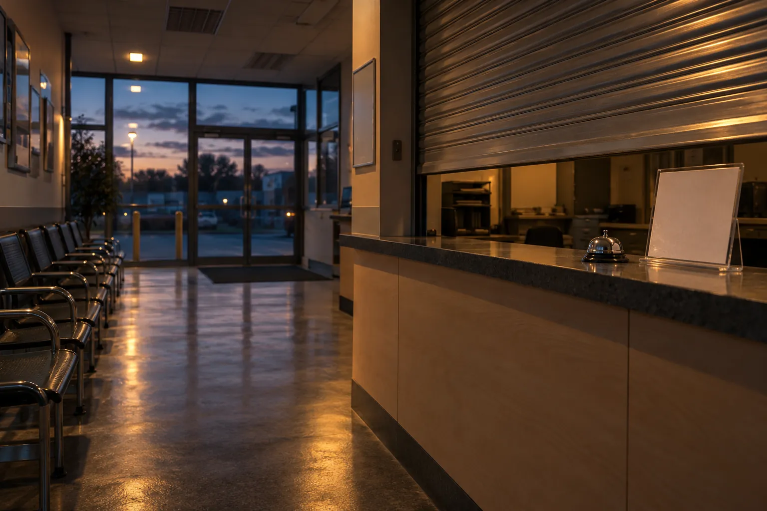 An empty service-centre reception at dusk: a counter bell, a blank sign, a half-lowered shutter and a row of empty chairs.