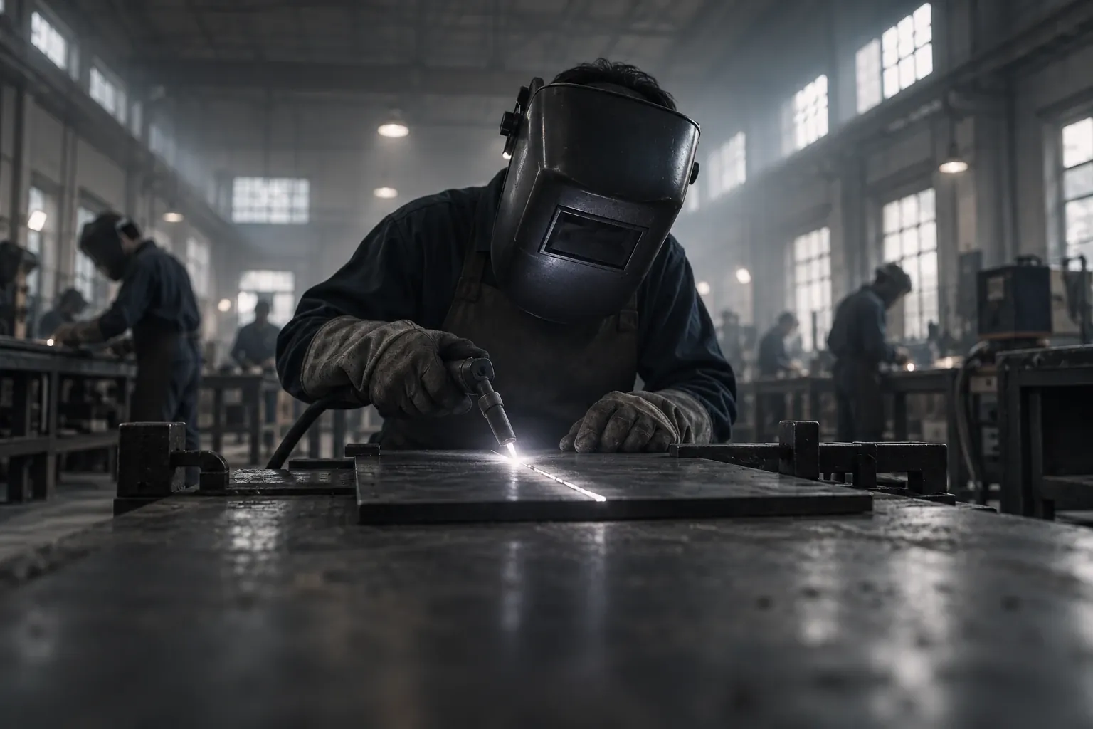 A trainee in a welding mask works a seam on a steel plate, a bright line of light along the weld, benches blurred behind.
