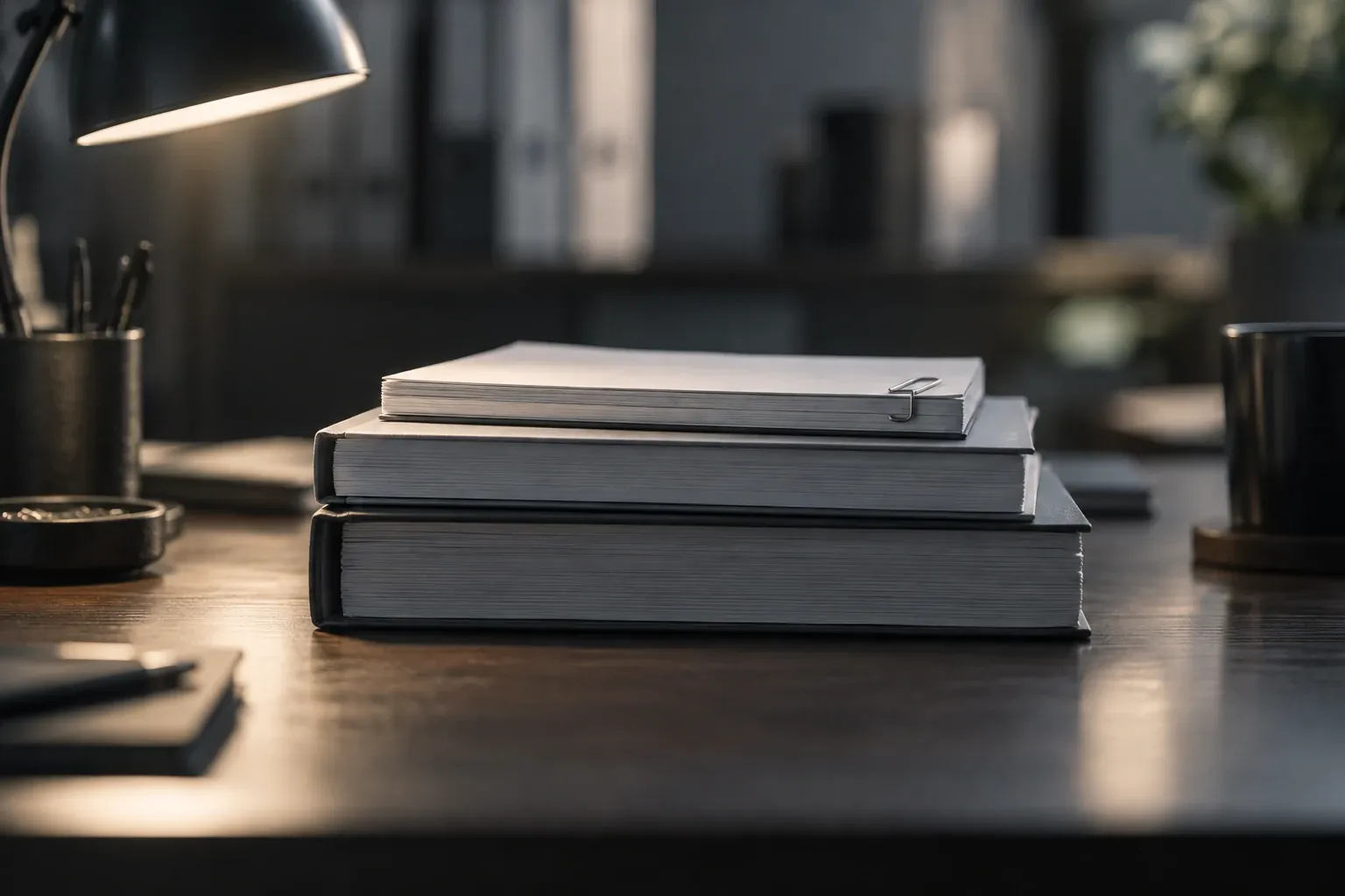 Three stacked bound documents on a dark desk under a lamp, the thinnest on top with a single paperclip.