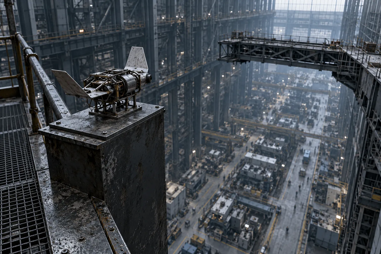 A hand-built prototype on a plinth at the edge of a catwalk above a vast factory floor, with a bridge across the gap.