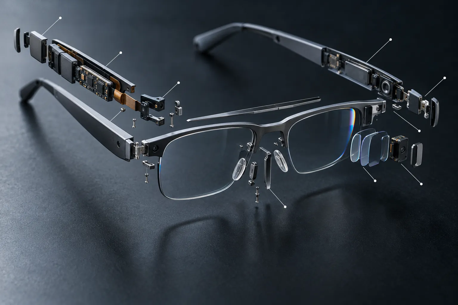 A pair of slim smart glasses in an exploded view on a dark surface, each part linked to a small dot by a thin line.