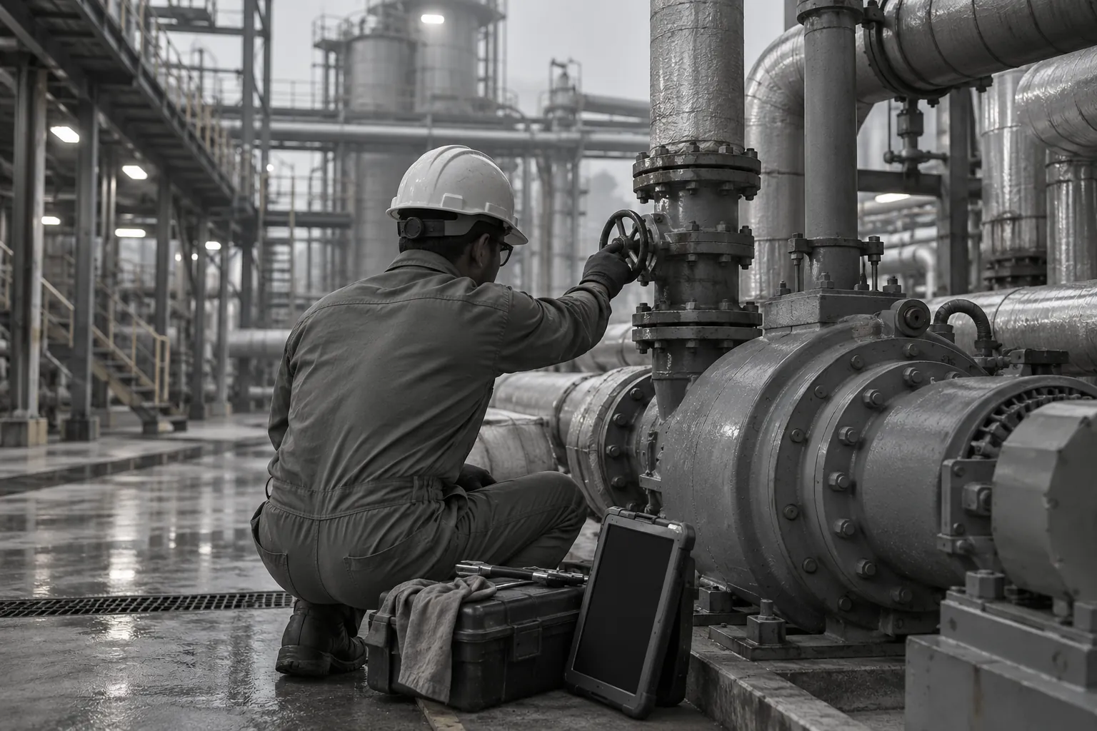 A technician in a hard hat and glasses crouching at an industrial pump, a hand on a valve wheel, with a tablet resting on a toolbox.