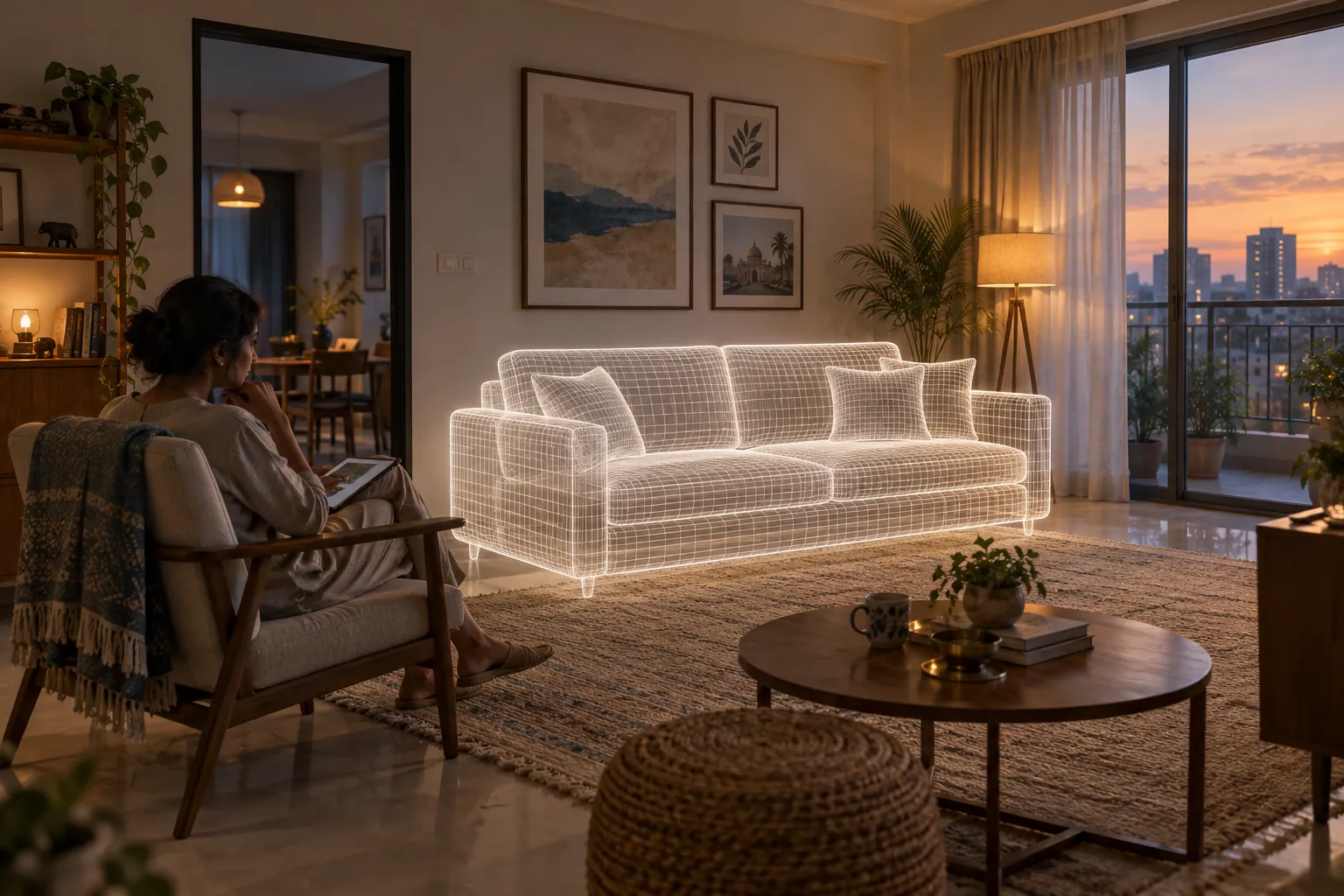 A woman in a chair watches a glowing white wireframe sofa where a real sofa would stand in an Indian apartment at dusk.