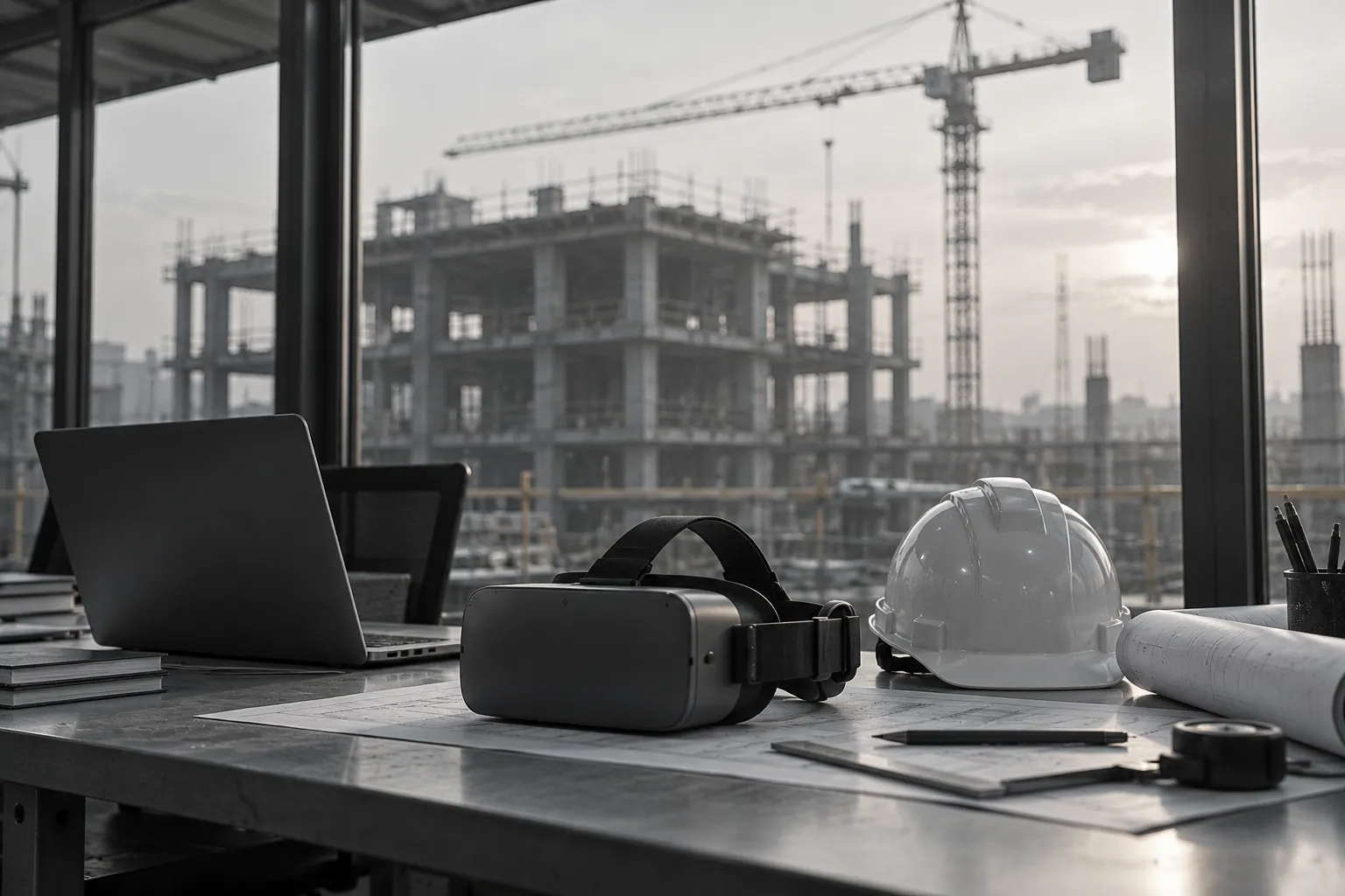 A VR headset, hard hat and rolled drawings on a site-office desk, with a half-built concrete frame through the window.