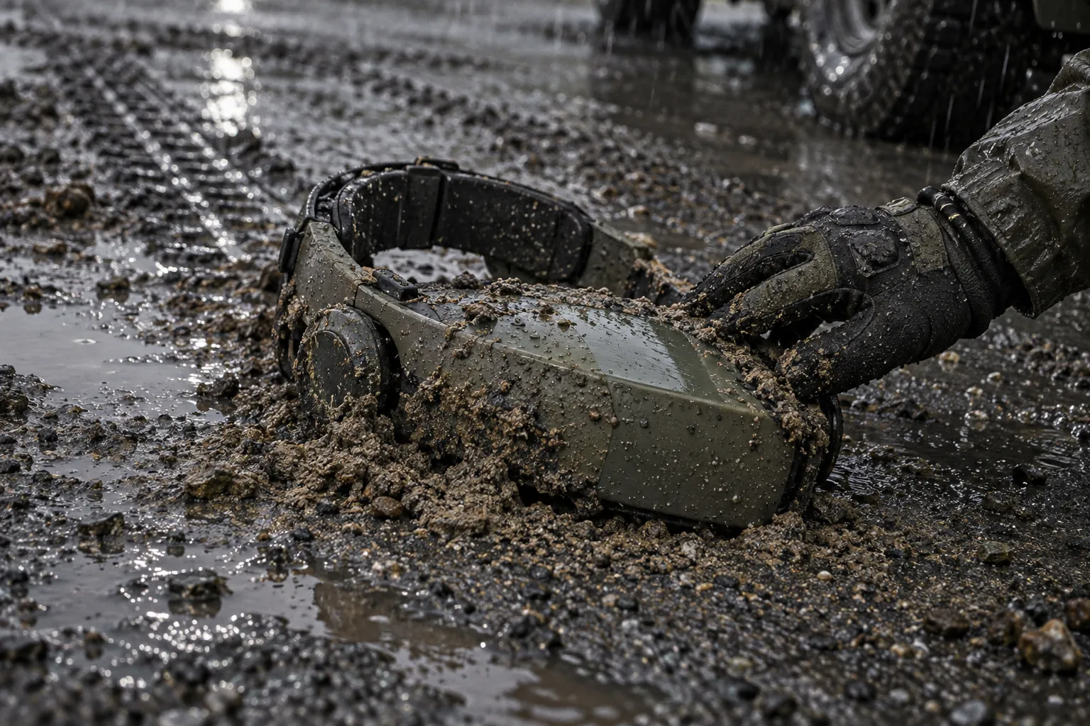 A rugged matte olive head-worn device half-buried in mud on wet tarmac, with a gloved hand wiping one clean stripe across it.