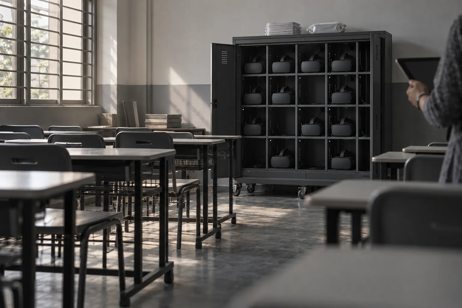 School computer lab with a VR headset charging cabinet that has fewer bays than there are desks.