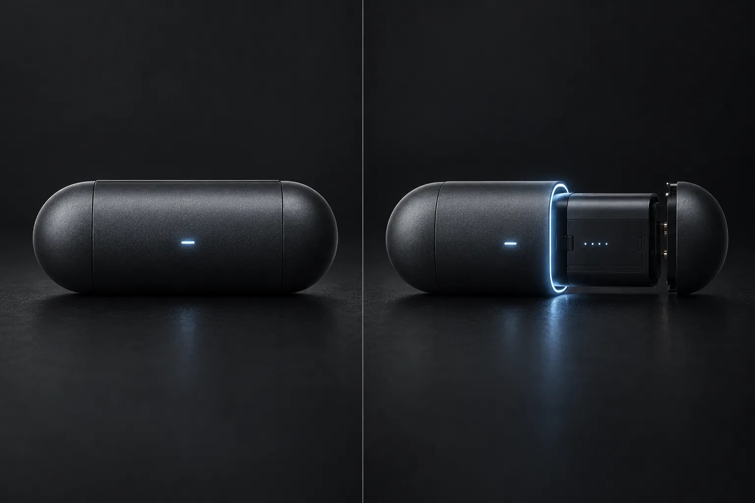Two matte capsule shapes split by a thin line: one sealed, the other with a battery pack sliding out in a pale blue glow.