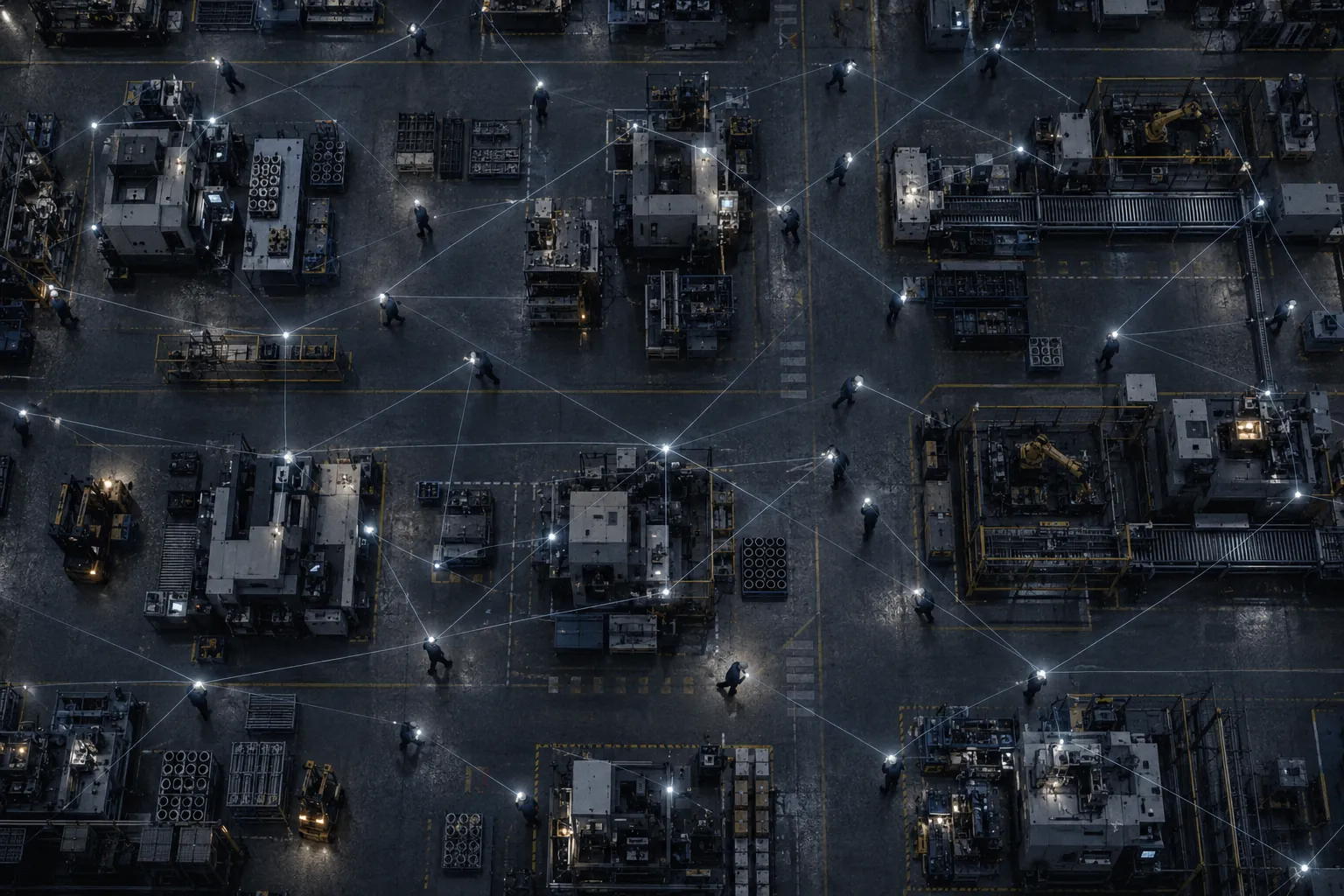 A night-time overhead view of a factory floor with glowing lines linking every machine and tiny workers carrying lights.