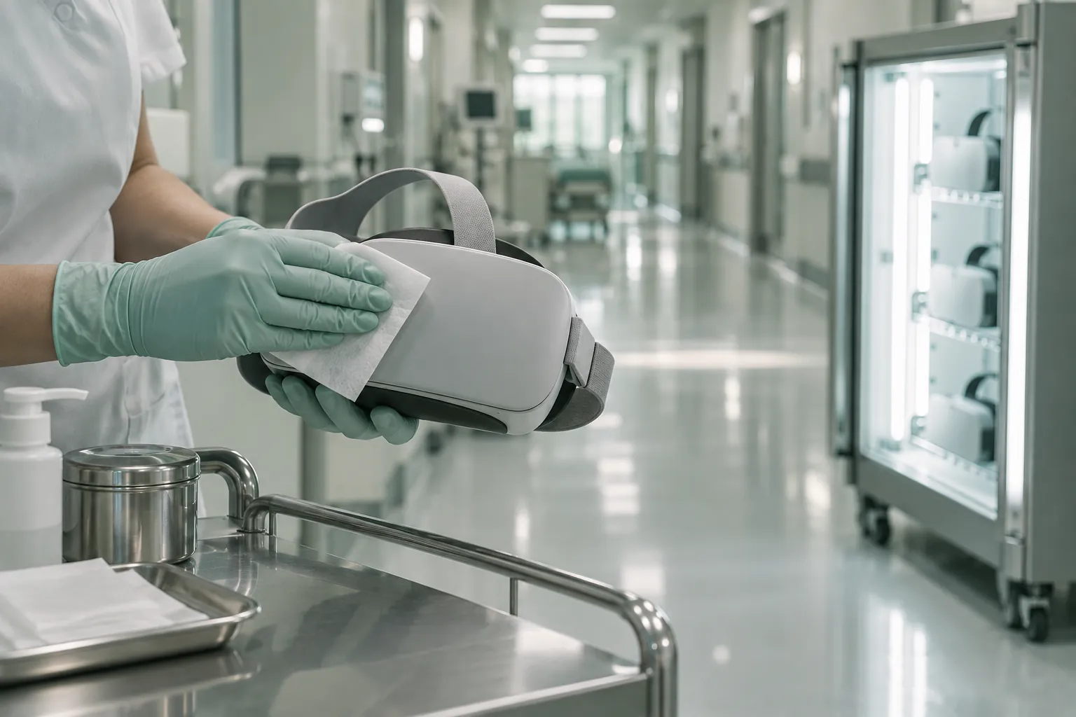 A nurse's gloved hand wipes a headset in a hospital corridor beside a glowing UV cabinet holding more headsets.