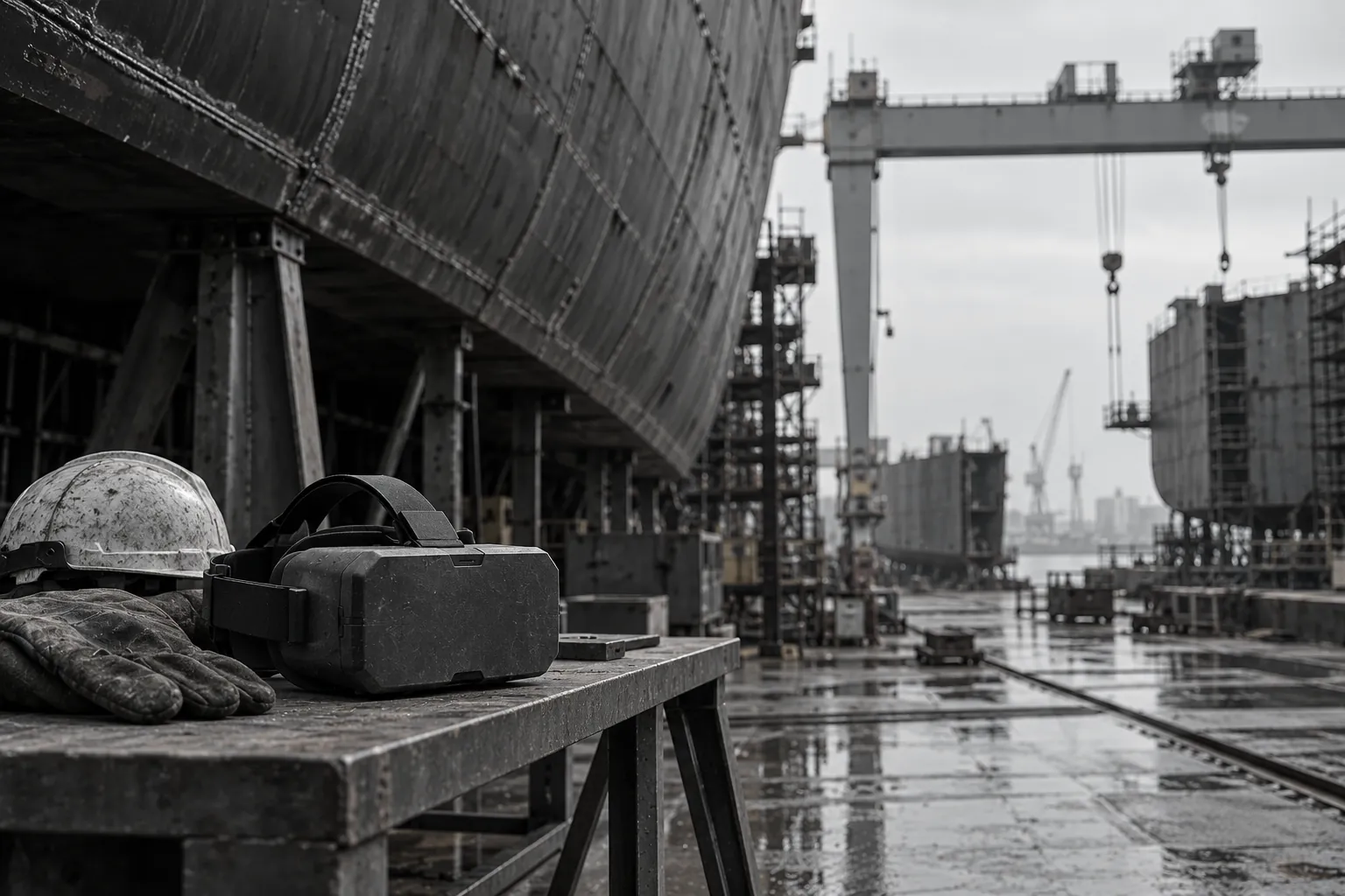 A rugged VR headset on a steel trestle beside welding gloves, with a hull section and gantry cranes in a dry dock behind.