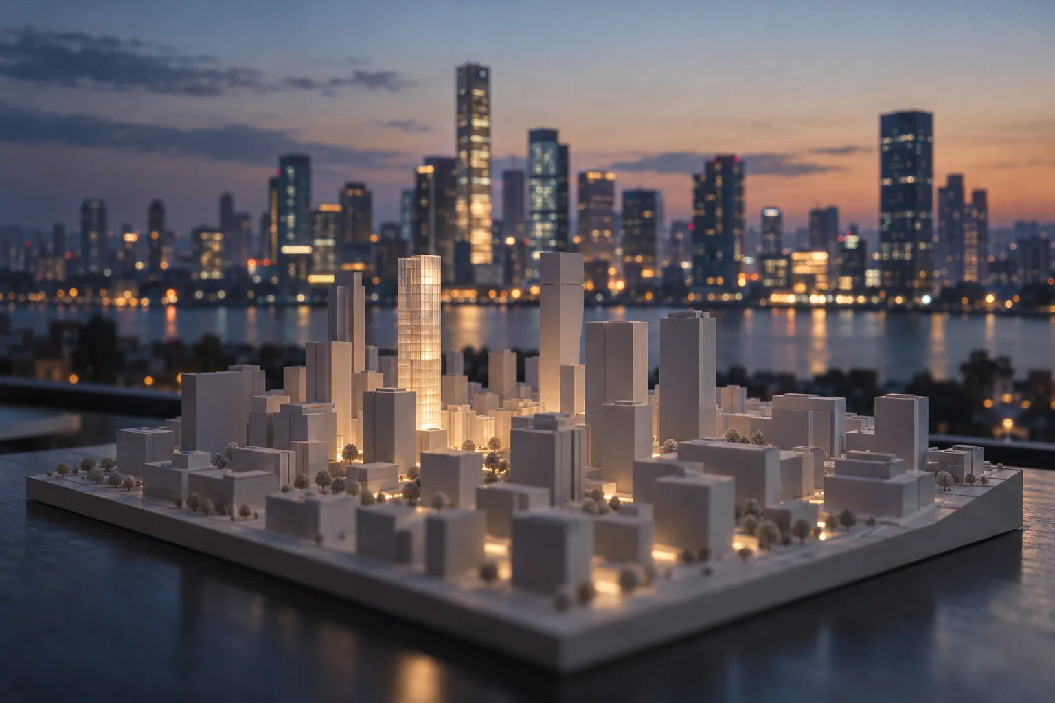 A white card model of a city with one tower lit from within, in front of a real city skyline at dusk.