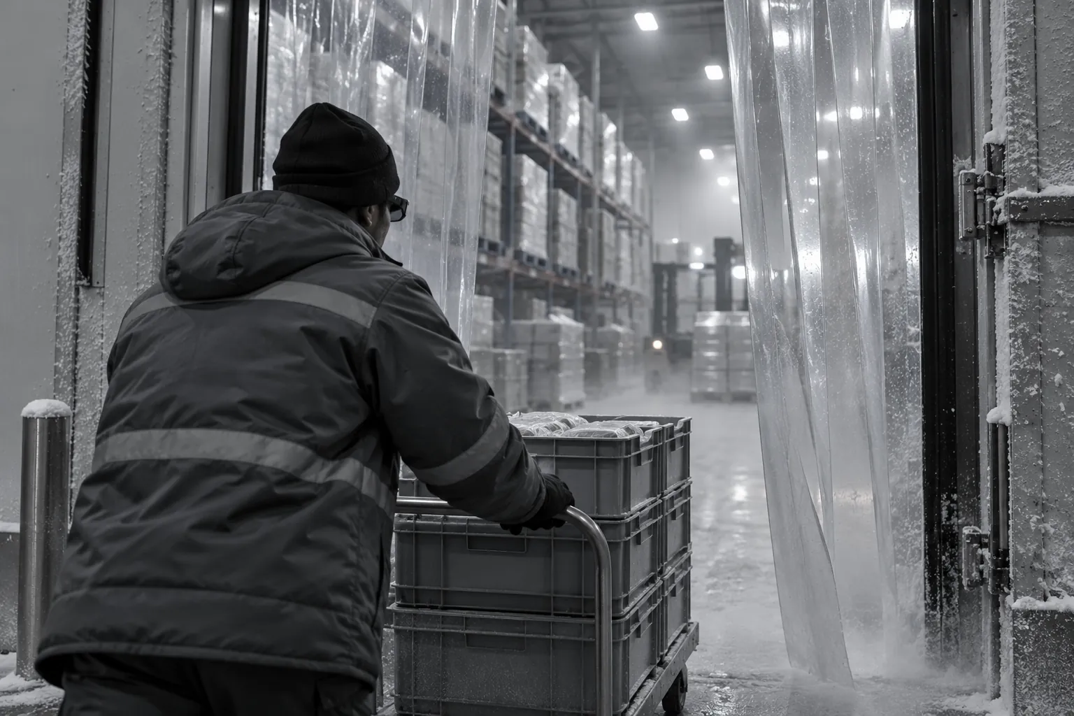 A picker in a thermal jacket and beanie pushing a cart of totes through the strip curtains of a frosted cold store.