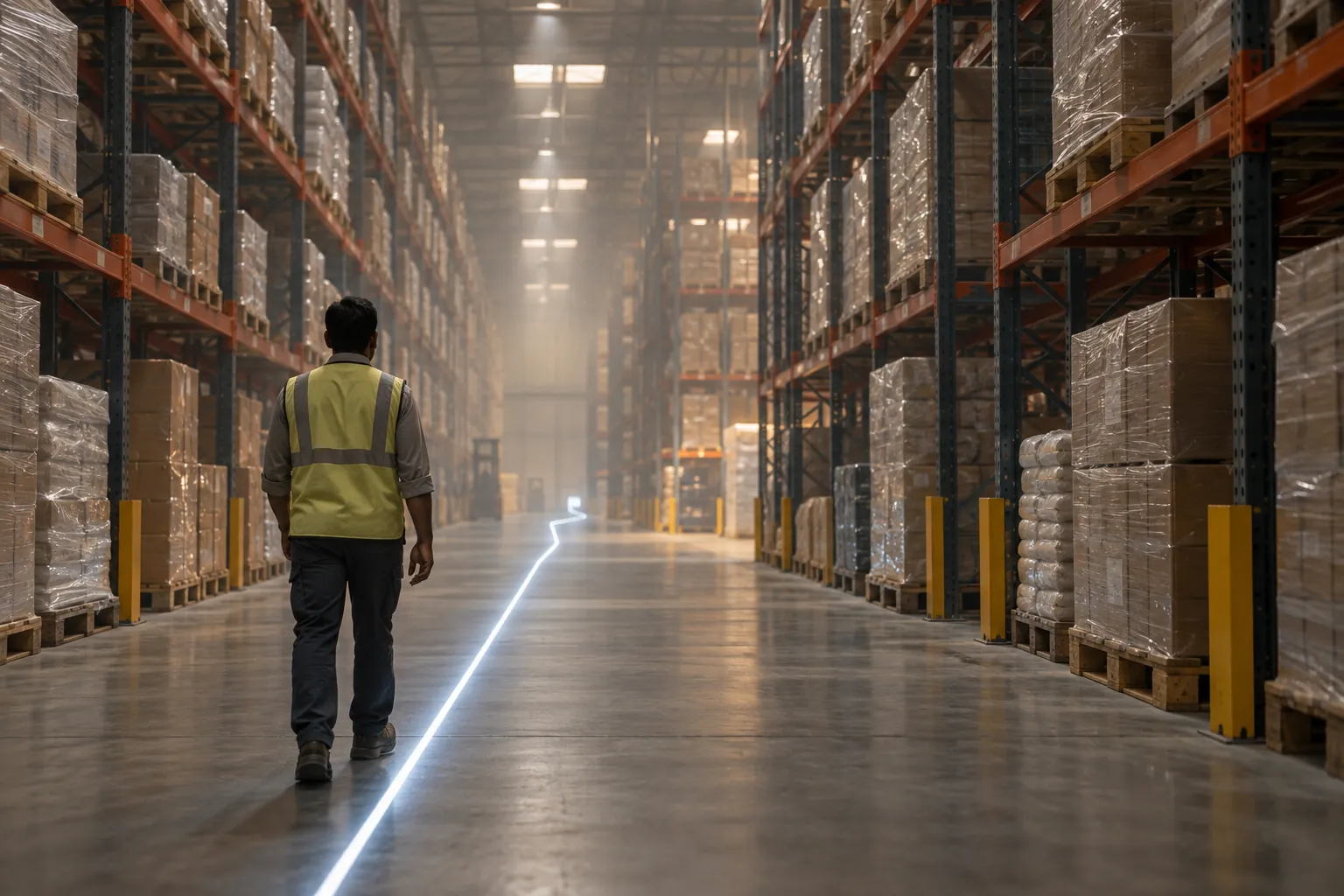 A warehouse worker in a hi-vis vest walks down a long racked aisle, following a thin line of light on the floor.
