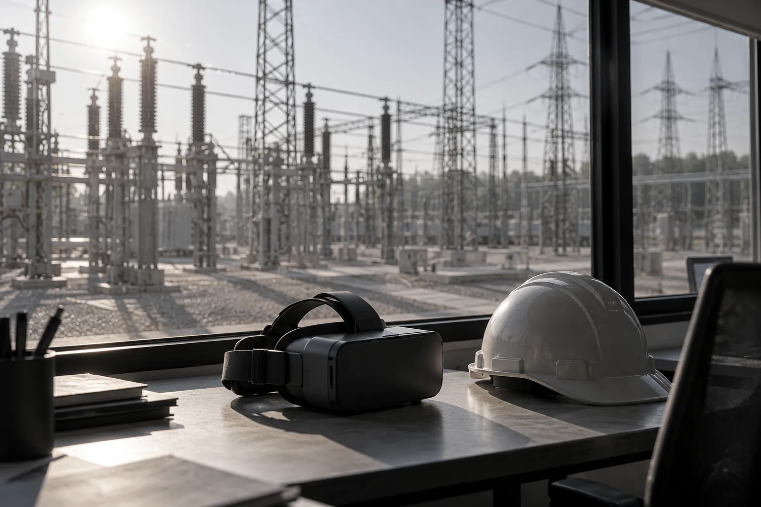 A VR headset and hard hat on a desk beside a window that looks out over an electrical substation yard.