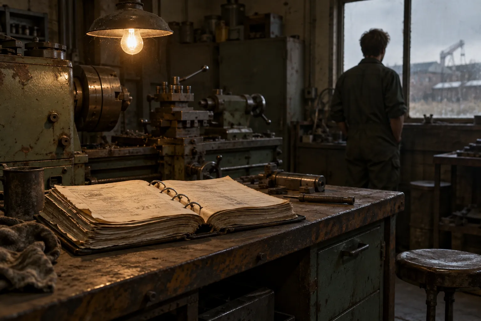 A thick, worn training binder lies open on a workbench under a bare bulb beside an idle lathe, a worker at the window.
