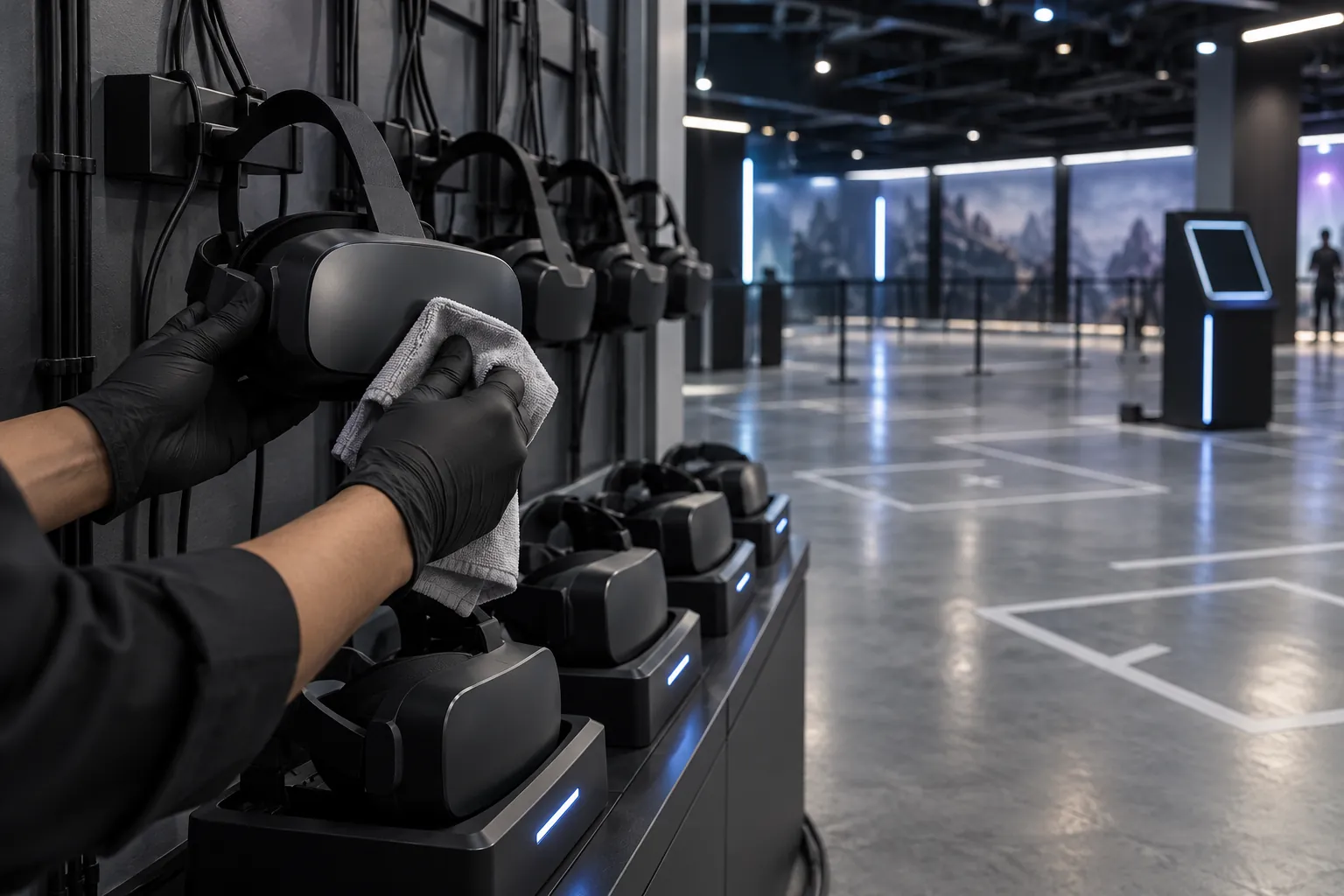 Attendant wiping a VR headset visor at an arcade booth, with headsets charging on a dock behind.