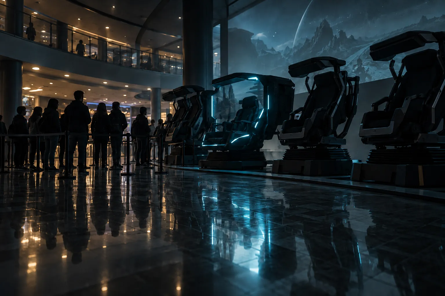 A row of arcade motion seats in a mall at night, one lit, with a queue of silhouettes waiting behind a rope.