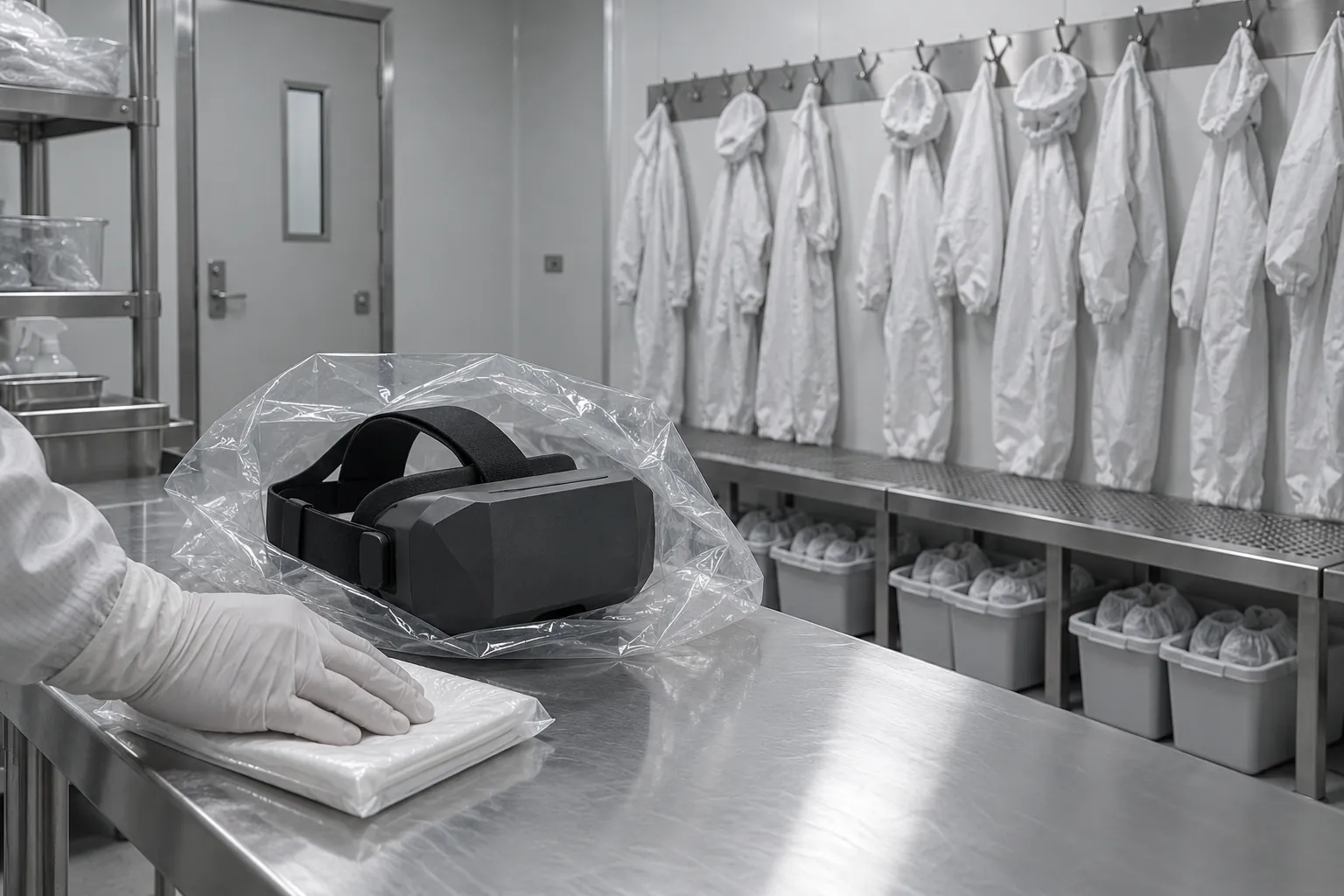 A VR headset in an open clear bag on a stainless-steel bench in a gowning room, with coveralls hanging behind.
