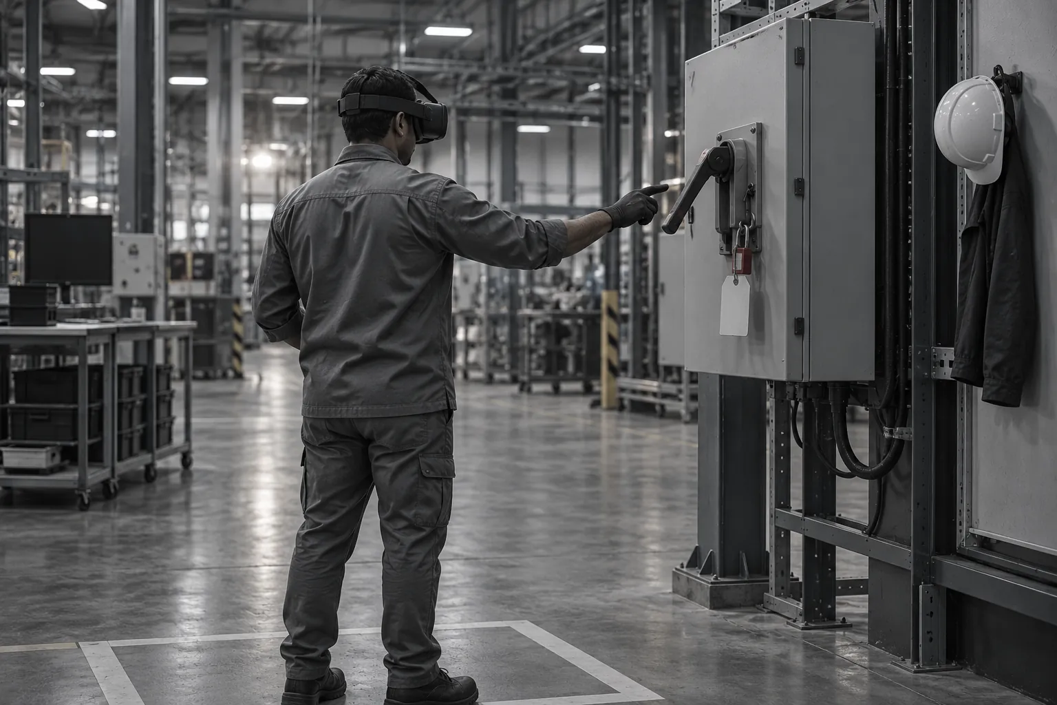 A person in a VR headset reaching toward the lever of a mock electrical isolator cabinet on a taped floor square.