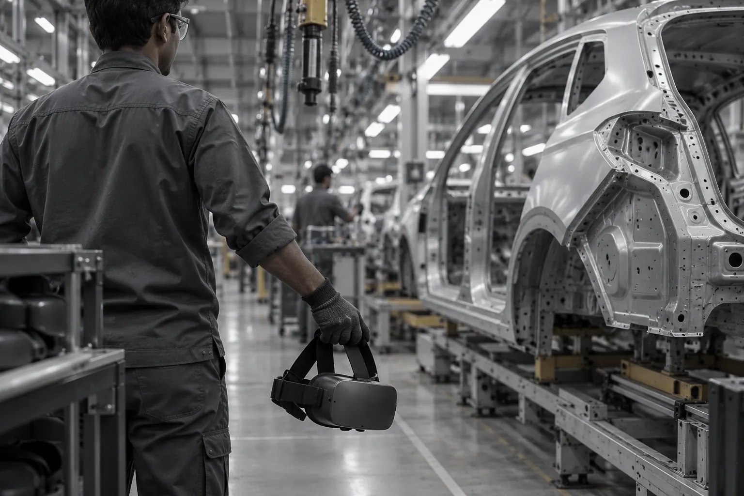 A line operator's gloved hand holding a VR headset by its strap beside a bare car body on an assembly line.