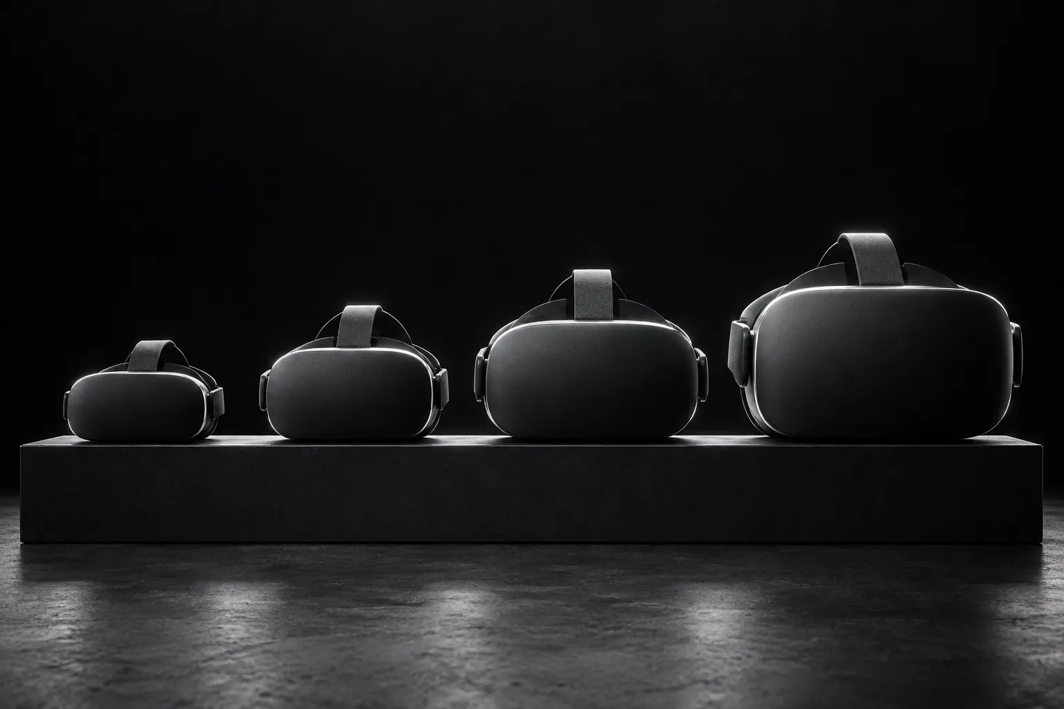Four matte VR headsets in ascending sizes on a long dark plinth, edge-lit against a black background.