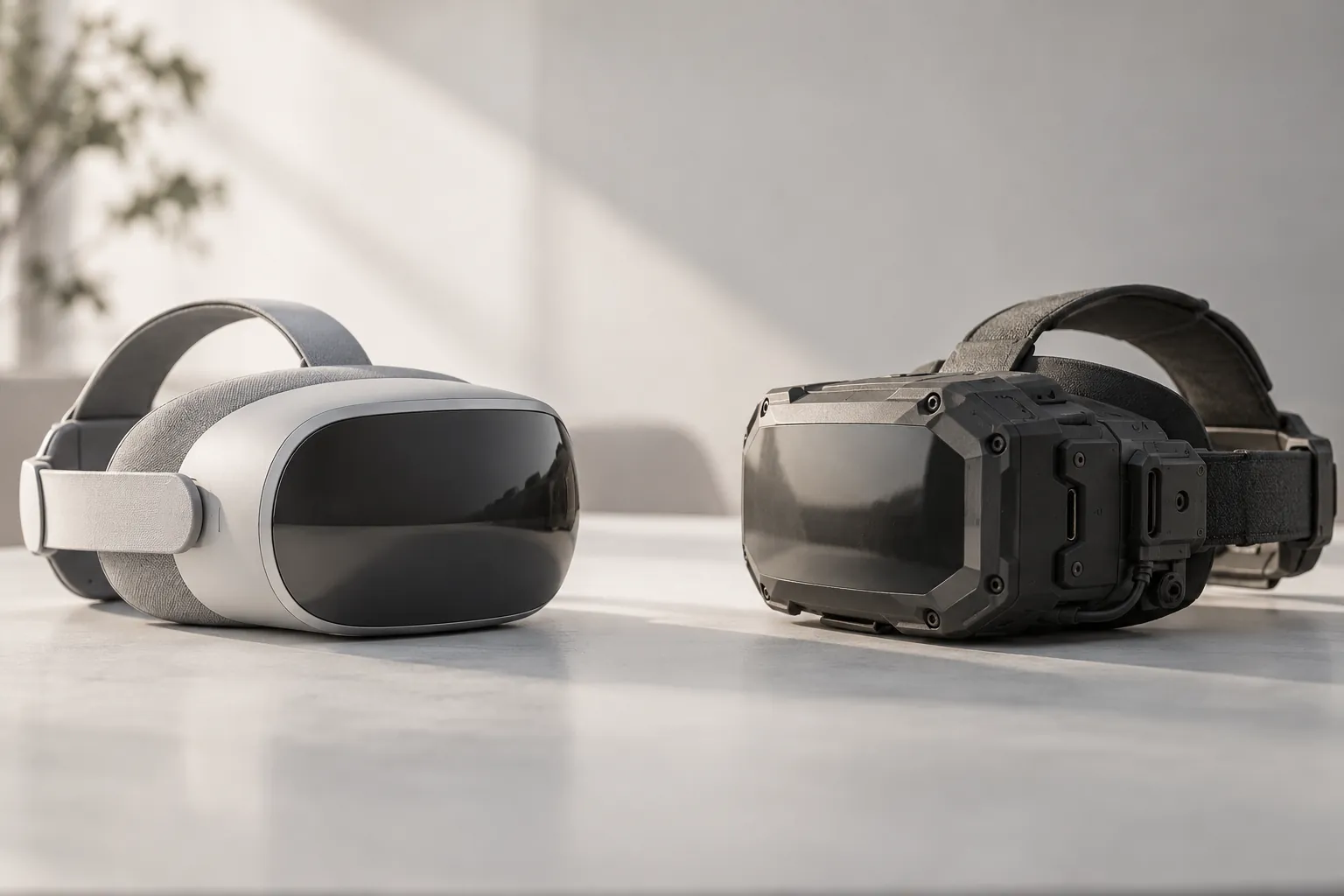 Two VR headsets face each other on a white table: a smooth pale grey consumer type and a rugged dark one with a thick shell.