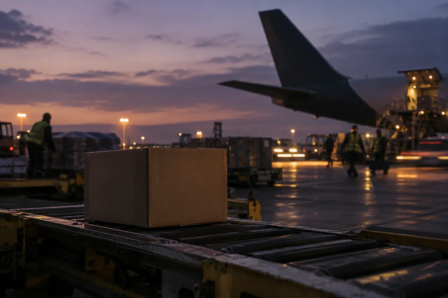 A plain cardboard box on a conveyor at a cargo ramp at dusk, with an aircraft tail and ground crew in the background.