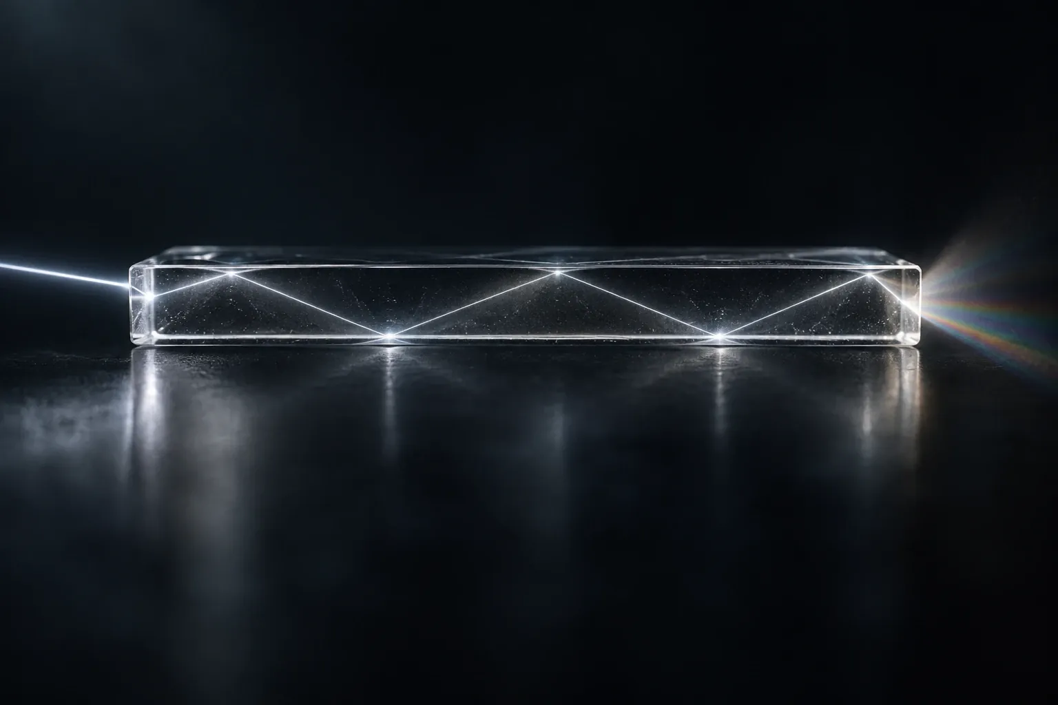 A glass slab on a black surface with a thin beam of light bouncing inside it and leaving as a small spectrum of colour.