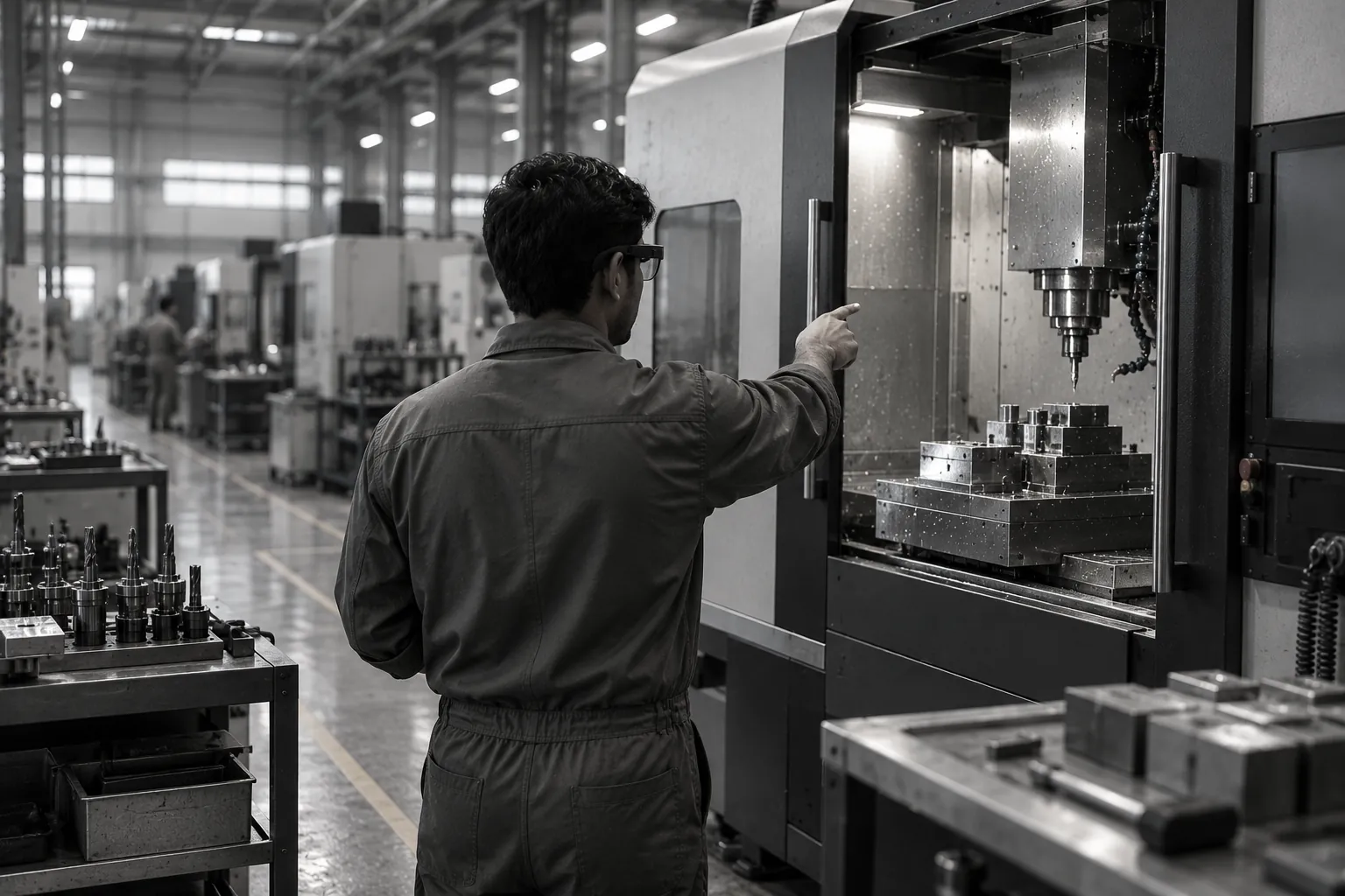 A technician in smart glasses pointing at a spot on a large CNC machine in a workshop.