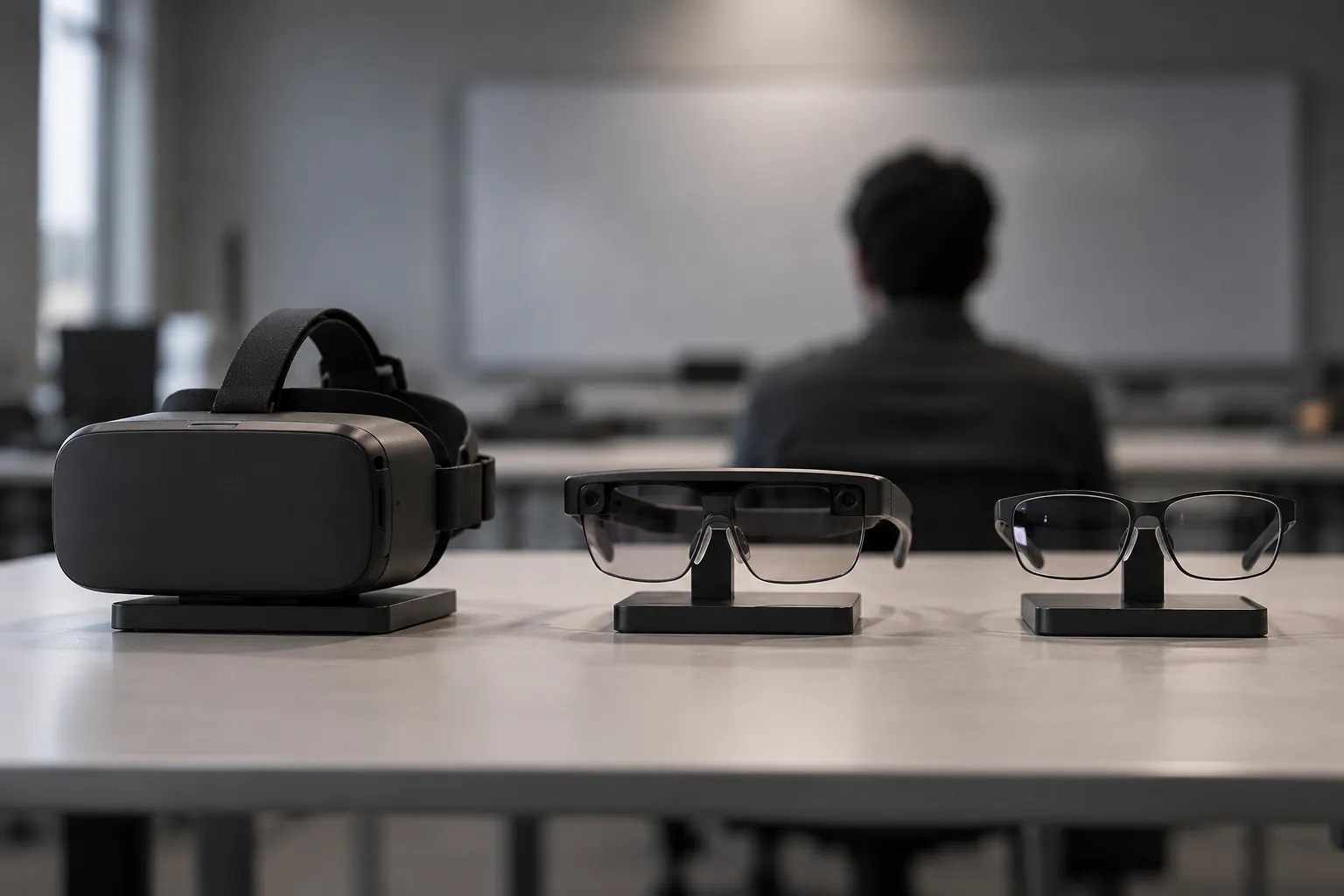 A VR headset, a pair of AR glasses and a pair of smart glasses side by side on a table in a training room.
