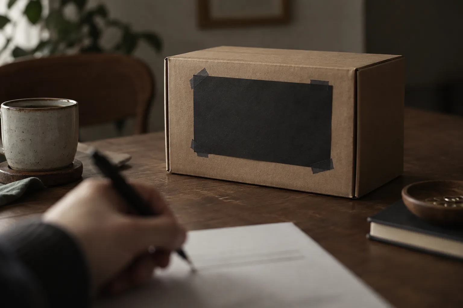 A plain cardboard box with black paper taped over its front, and a hand holding a pen above a blank page.